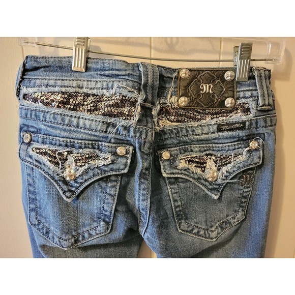 Miss Me Jeans Sequin Bling Yoke Flap Pocket Boot Embellished Distress 27 - Picture 1 of 9